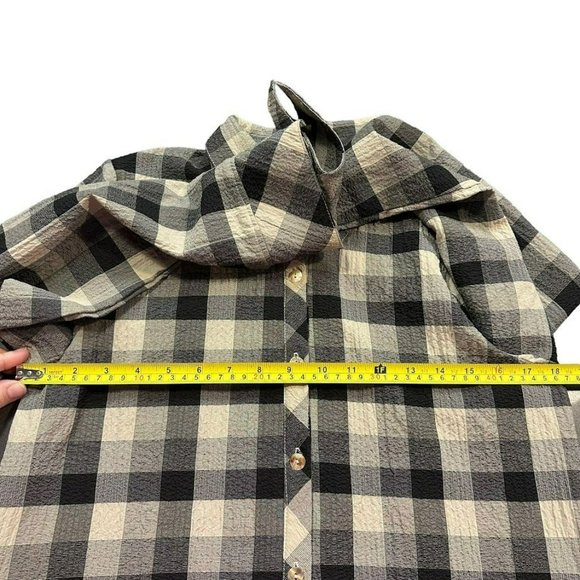 Habitat Tan Black Check Rayon Blend Long‎ Sleeve Button Front Blouse Womens S - Picture 3 of 5